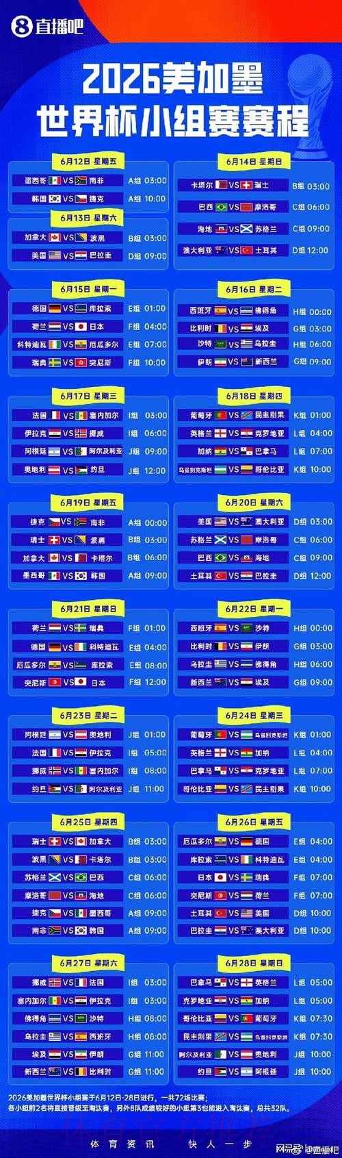 2026世界杯小组赛赛程一览实时赛程实时查看